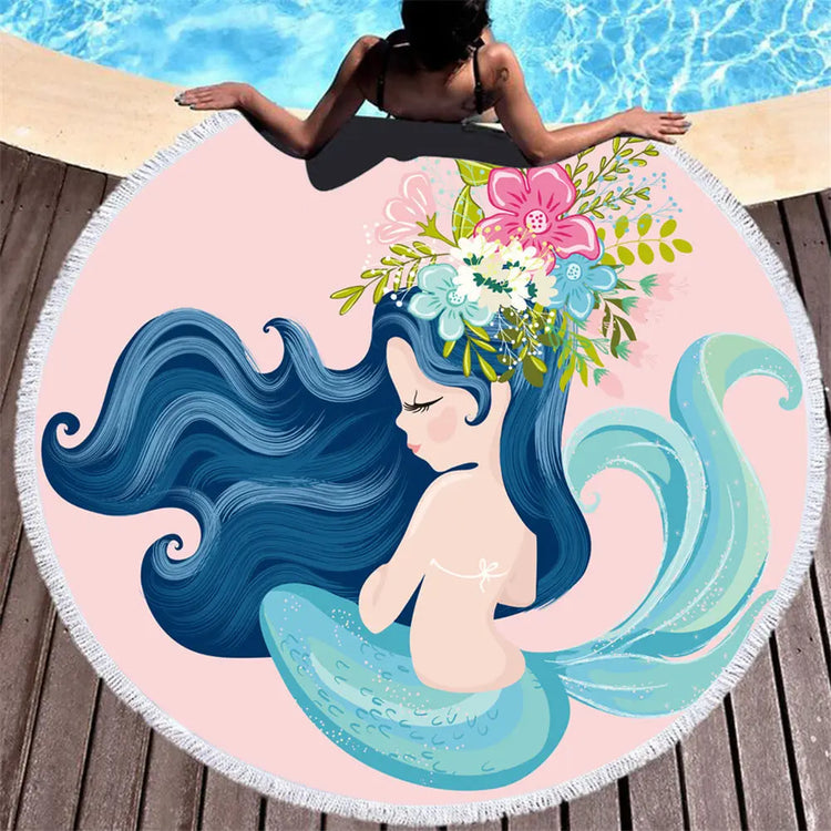 Beach towel Cartoon pink mermaid microfiber round Liebe - Making Life Easier