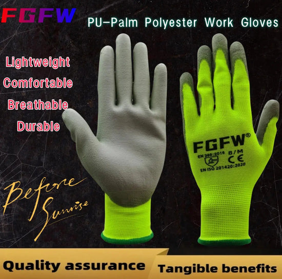 10 Pairs PU Coated Work Gloves - Lightweight, Durable Safety Gloves EN 388/ISO20471 Certified, Sizes S/M/L/XL - HASHTAG