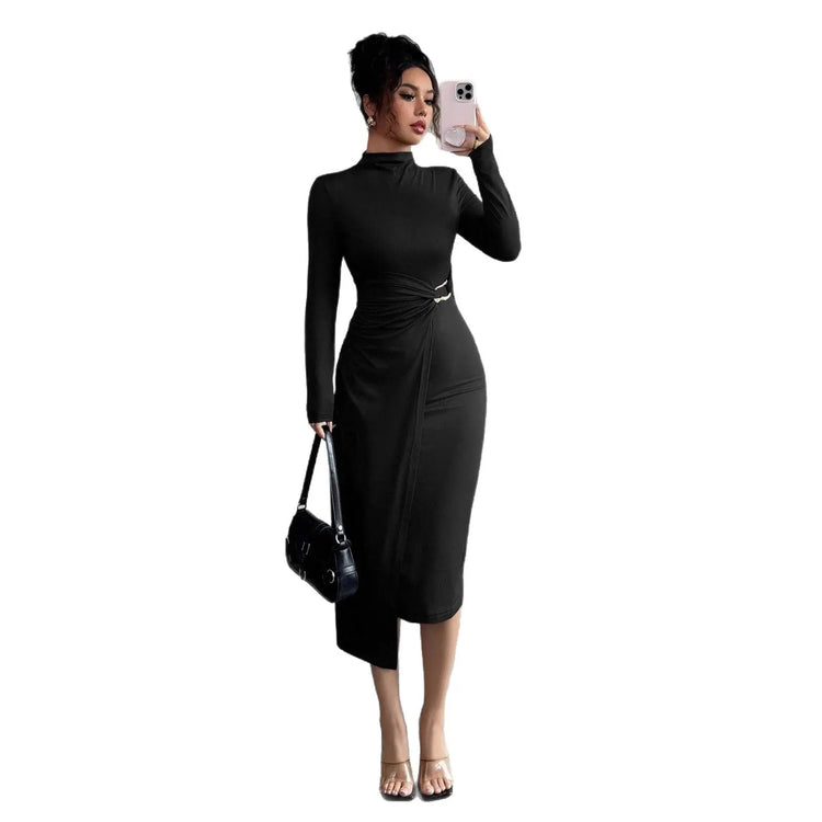 Small Stand-up Collar Knit Solid-color Dress With Metal Buttons HASHTAG