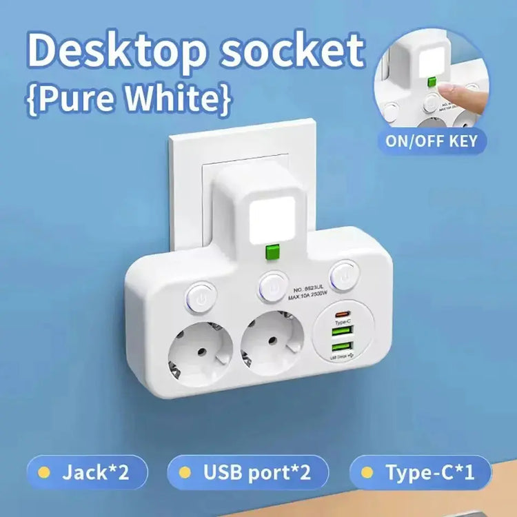 EU plug and socket, 4-pole socket, multifunctional wall plug, with or without extension cords or USB and Type-C interfaces HASHTAG