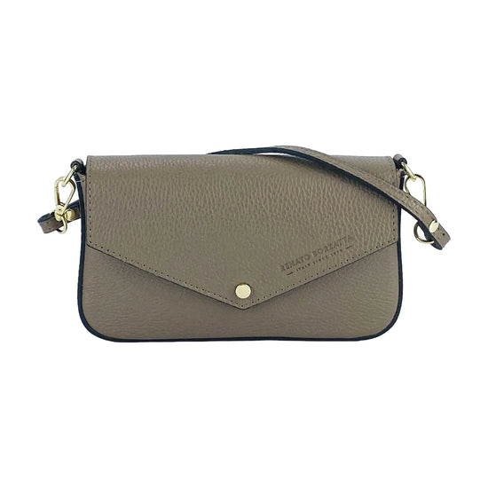 RB1023AQ | Small Shoulder Bag with Removable Chain Strap in Genuine Leather Made in Italy. Flap Closure. Shiny Gold metal hardware - Taupe color - Dimensions: 22 x 12 x 3 cm.-1