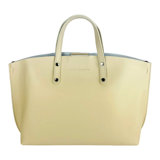RB1024AL | Borsa Donna a Mano in Vera Pelle Made in Italy con tracolla removibile. Sacca grande interna estraibile. Accessori Canna di Fucile Lucido - Colore Beige - Dimensioni: cm 48x31x11-1