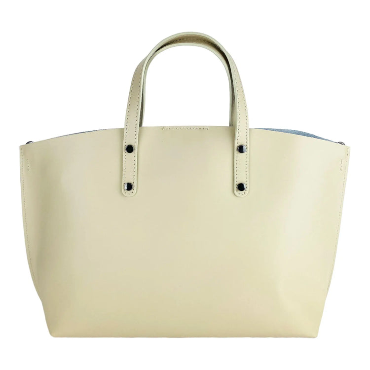 RB1024AL | Borsa Donna a Mano in Vera Pelle Made in Italy con tracolla removibile. Sacca grande interna estraibile. Accessori Canna di Fucile Lucido - Colore Beige - Dimensioni: cm 48x31x11-4