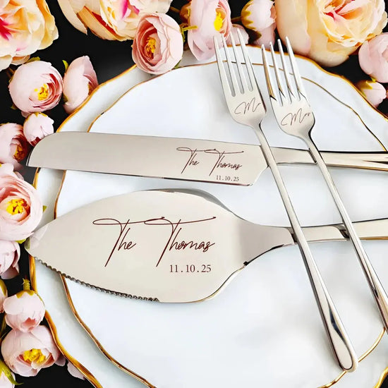 Wedding Cake Cutting Set, Personalized Cake Knife Server Forks Set Wedding. - HASHTAG
