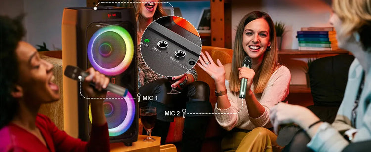 Macchina T9Karaoke con 2 microfoni wireless, altoparlante Bluetooth portatile per adulti e bambini, sistema PA per grandi feste con luci da discoteca - My Hashtag Shop