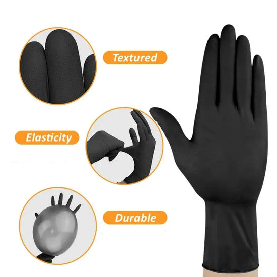 Guanti monouso in nitrile nero per il lavoro Guanti per la pulizia della casa senza lattice Textured Meccanico Tatuaggio Tinture per capelli Bellezza