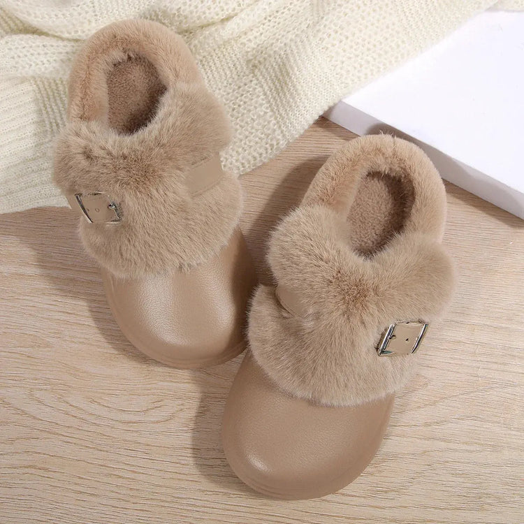 Thick Bottom Furry Clogs Women 2025 Winter Metal Buckle Waterproof Eva Plush Slippers Liebe - Making Life Easier