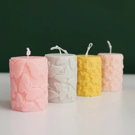 Cylindrical Plum Blossom Flower or Butterfly Candle Mold Embossed - HASHTAG