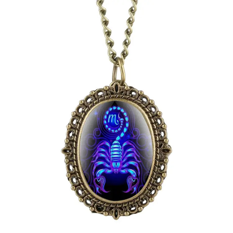 New 12 Constellation Astrology Oval Pocket Watch Unique Fluorescent Blue Zodiac Necklace Pendant Quartz Birthday Gift for Friend