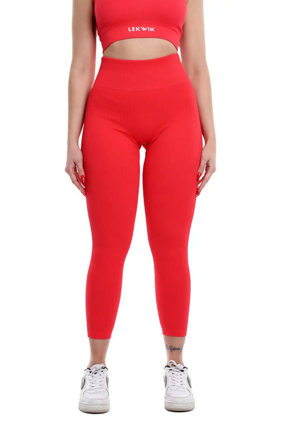 Leggings a costine rosso corallo modello CIRCE a vita alta - HASHTAG