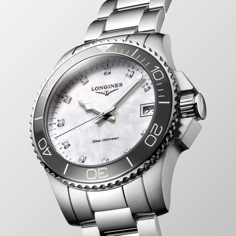 Longines orologio Hydroconquest 32mm madreperla diamanti quarzo acciaio Capodagli 1937