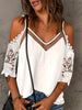 Cold Shoulder Mesh Contrast Blouse, Casual Lace Sleeve V Neck Blouse For Spring & Summer, Women's Clothing HASHTAG