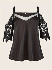 Cold Shoulder Mesh Contrast Blouse, Casual Lace Sleeve V Neck Blouse For Spring & Summer, Women's Clothing HASHTAG