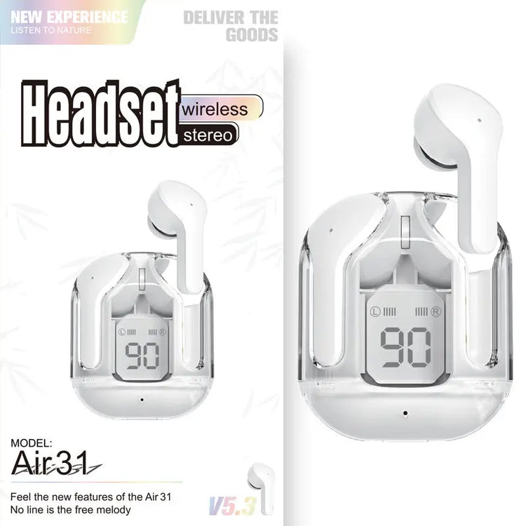 New Mini Transparent Wireless Bluetooth Headset Digital Display ENC Noise Reduction True Wireless Sports Music HASHTAG BAR TABACCHI