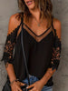 Cold Shoulder Mesh Contrast Blouse, Casual Lace Sleeve V Neck Blouse For Spring & Summer, Women's Clothing HASHTAG