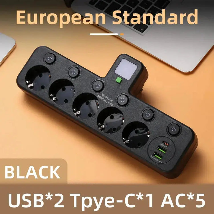 EU plug and socket, 4-pole socket, multifunctional wall plug, with or without extension cords or USB and Type-C interfaces HASHTAG