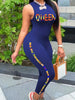 Queen Letter Print Tank Jumpsuit, Slim Solid Casual Jumpsuit For Spring & Summer, Women's Clothing HASHTAG