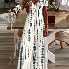 Floral Print Maxi Dress - Short Sleeve, V Neck, Casual, Lace Up, Women's Clothing for Everyday Wear HASHTAG