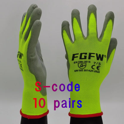 10 Pairs PU Coated Work Gloves - Lightweight, Durable Safety Gloves EN 388/ISO20471 Certified, Sizes S/M/L/XL 