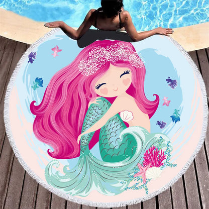 Beach towel Cartoon pink mermaid microfiber round Liebe - Making Life Easier