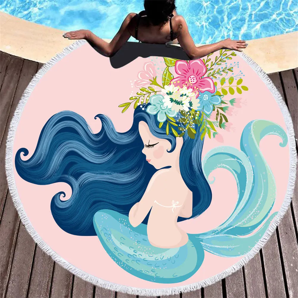 Beach towel Cartoon pink mermaid microfiber round Liebe - Making Life Easier