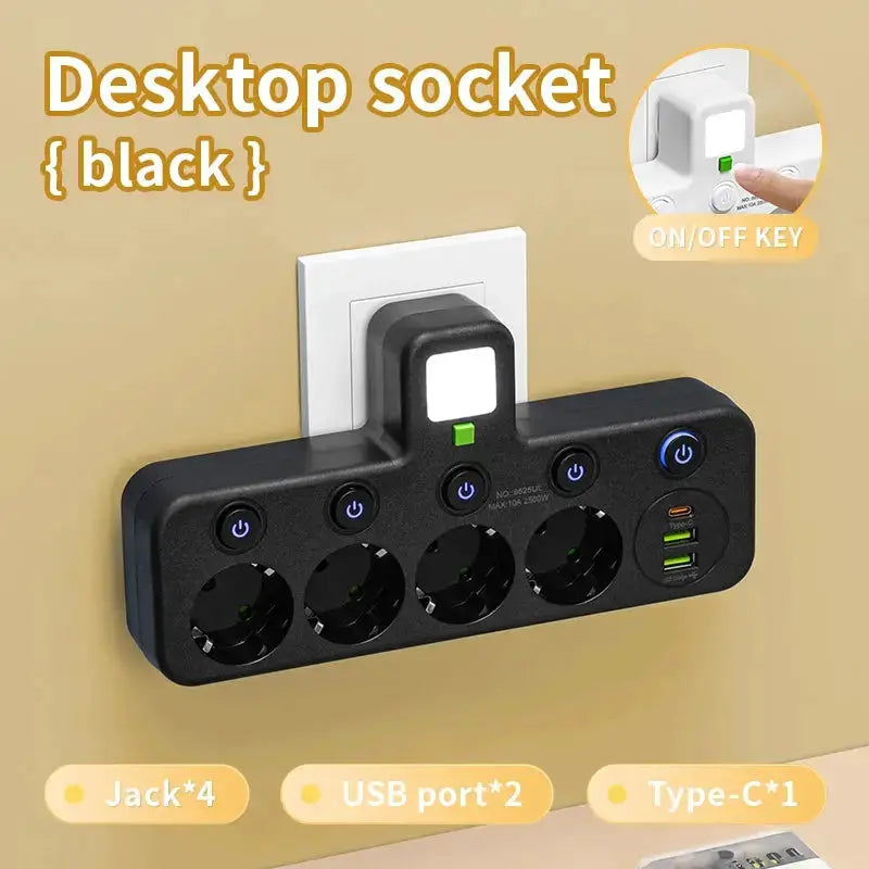EU plug and socket, 4-pole socket, multifunctional wall plug, with or without extension cords or USB and Type-C interfaces HASHTAG