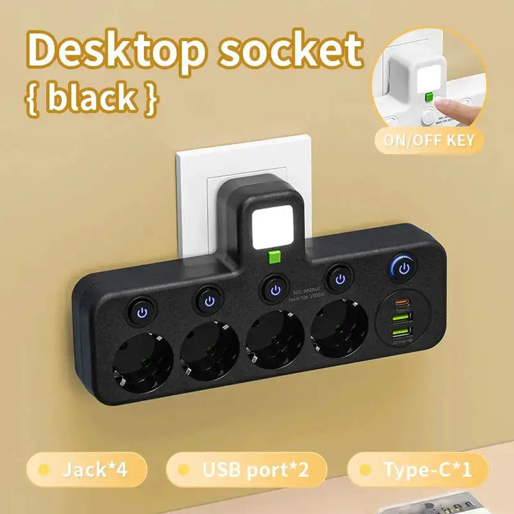 EU plug and socket, 4-pole socket, multifunctional wall plug, with or without extension cords or USB and Type-C interfaces HASHTAG