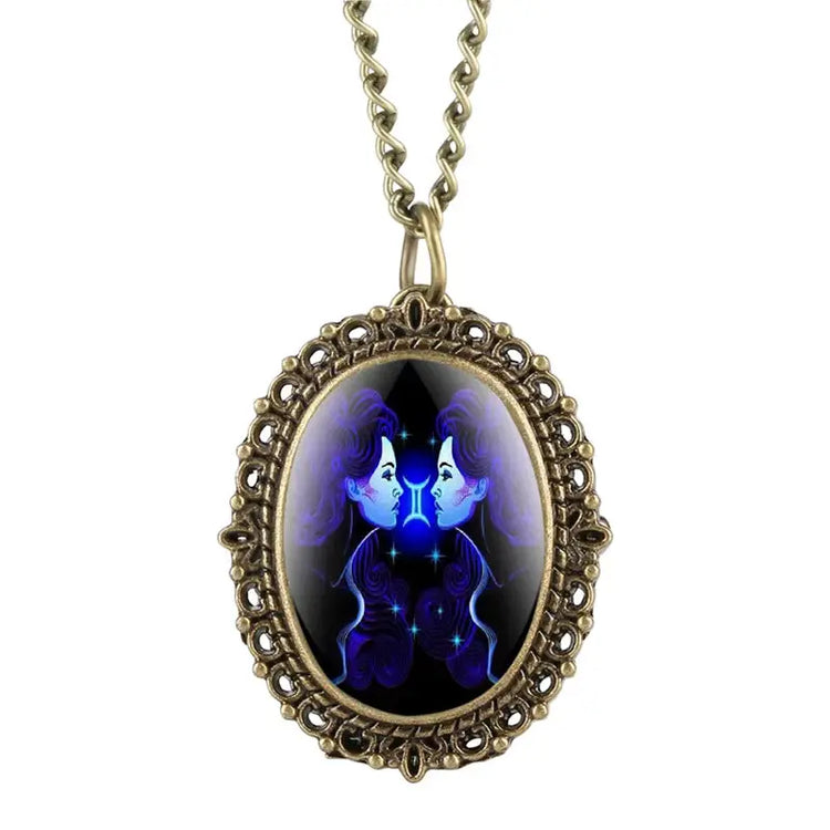 New 12 Constellation Astrology Oval Pocket Watch Unique Fluorescent Blue Zodiac Necklace Pendant Quartz Birthday Gift for Friend