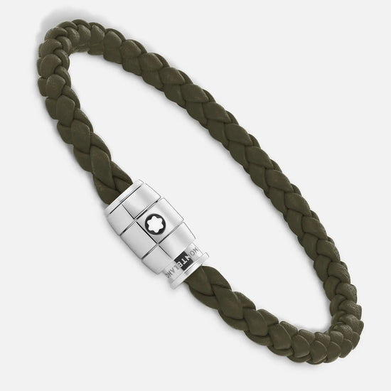 Montblanc bracciale in acciaio a 3 anelli e pelle Meisterstück Kaki misura M 13600463 Capodagli 1937