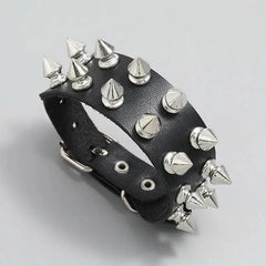 Punk Bracelet for Men Women - Goth Black Leather Wristband with Metal Spike Studded- Spike Rivets Cuff Bangle Adjustable HASHTAG
