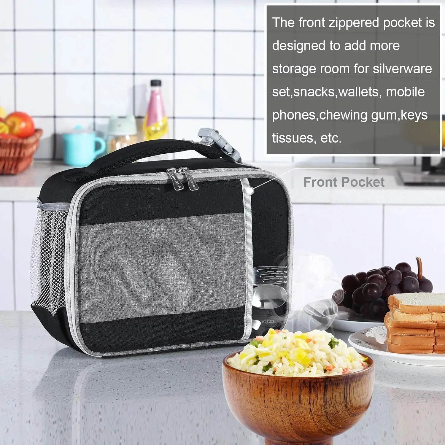 Kids Lunch Box with Supper Padded Inner Keep Food Cold Warm for Longer Time, Leak-Proof Solid Insulated School Lunch Bag with Multi-Pocket for Teen Boys Girls,Cpc Certified Grey Black
