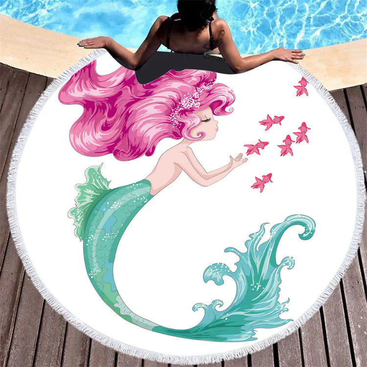 Beach towel Cartoon pink mermaid microfiber round Liebe - Making Life Easier