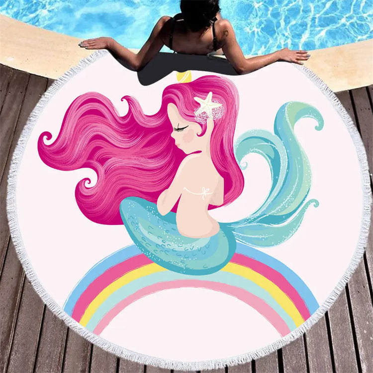 Beach towel Cartoon pink mermaid microfiber round Liebe - Making Life Easier