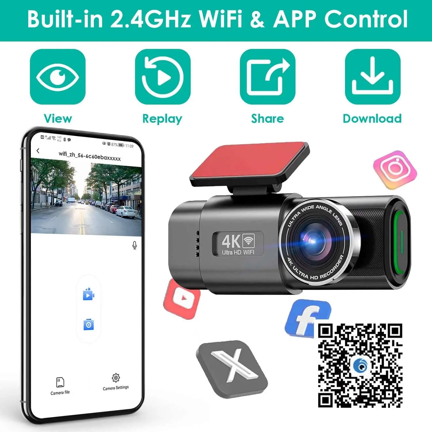 1Pc 4K 1080P Car Dash Cam 2.4GHz WiFi Car Camera Mini Driving Recorder With 140 Degree Wide Angle APP Control Night Vision G-sensor Loop Recording