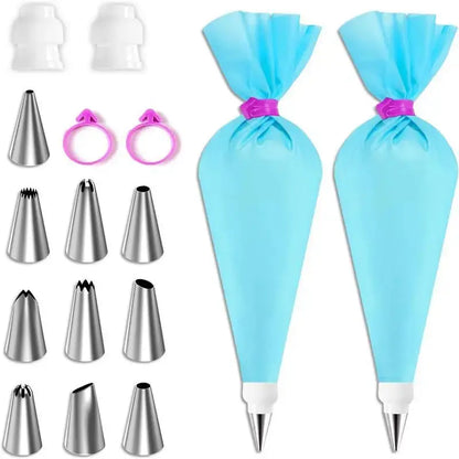Silicone Piping Bags and Tips Set Cake DIY Decorating Kit with Stainless Steel Nozzle Reusable Silicone Pastry Baking Tool