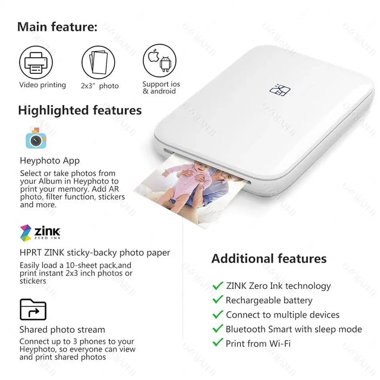 HPRT MT53 Portable Mni Mobile Pocket Printer BT Wireless Photo Printer with Zink Technology 2x3 Inch Color Photo Printer Maker - My Hashtag Shop