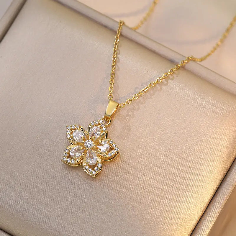 Ins Rhinestones Flowers Necklace Fashion Unique Rotatable Necklace Women&