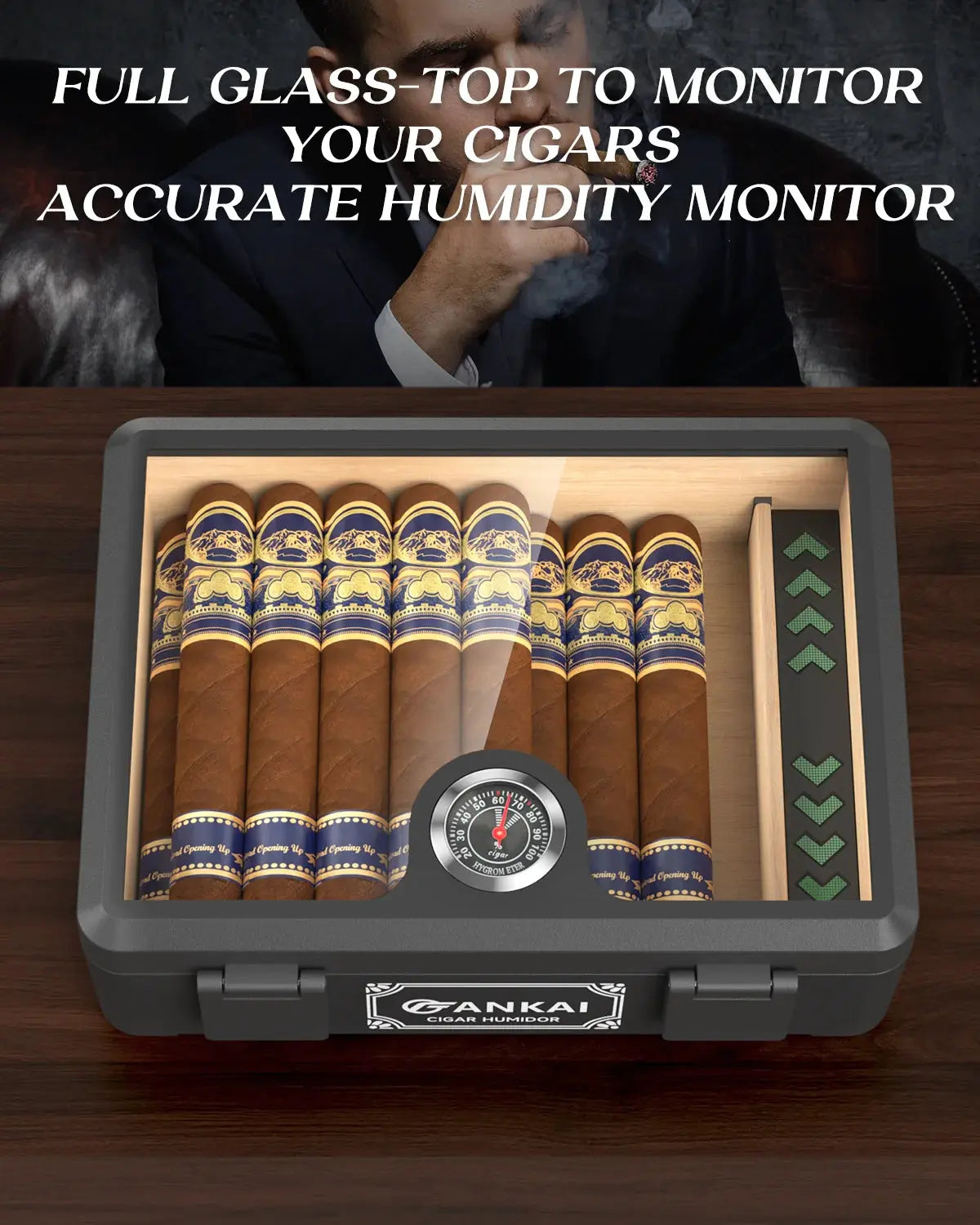 Cigar Humidor,Full Glass Top Cigar Box with Humidifier and Hygrometer,Crushproof Case,Cedar Wood Lining Storage for 20-25 Cigars HASHTAG