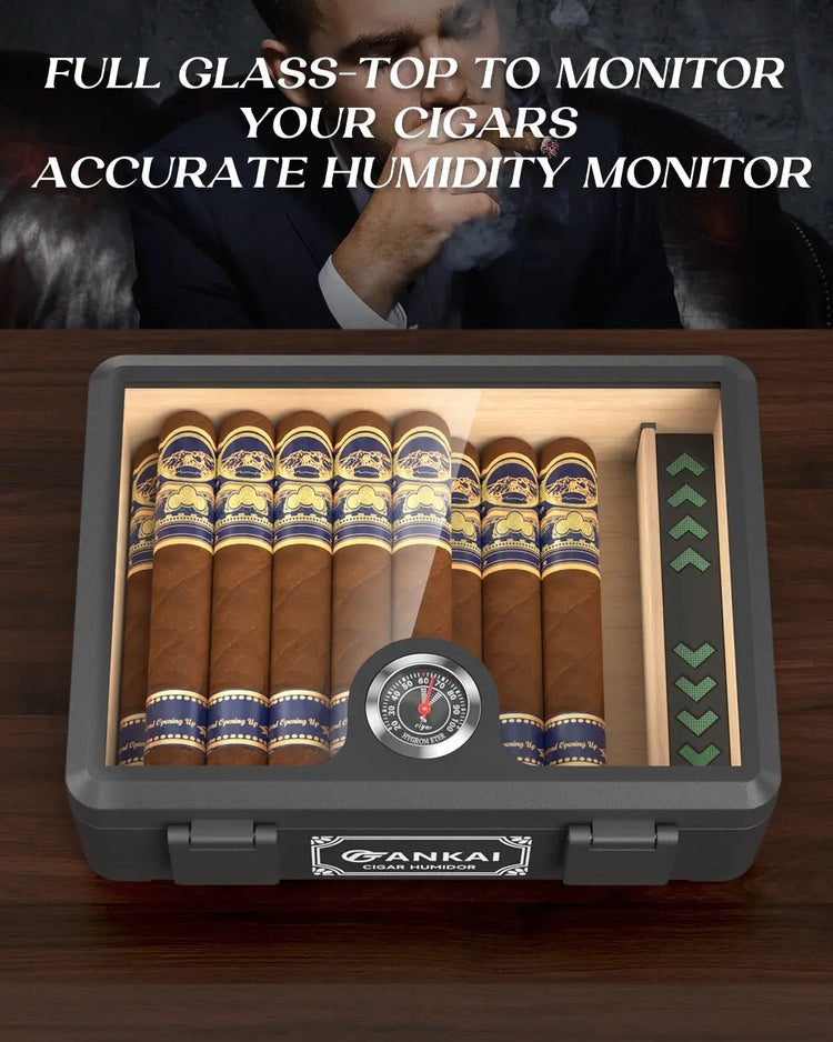 Cigar Humidor,Full Glass Top Cigar Box with Humidifier and Hygrometer,Crushproof Case,Cedar Wood Lining Storage for 20-25 Cigars HASHTAG