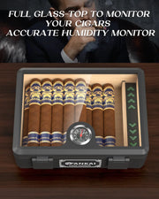 Cigar Humidor,Full Glass Top Cigar Box with Humidifier and Hygrometer,Crushproof Case,Cedar Wood Lining Storage for 20-25 Cigars HASHTAG