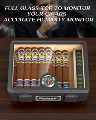 Cigar Humidor,Full Glass Top Cigar Box with Humidifier and Hygrometer,Crushproof Case,Cedar Wood Lining Storage for 20-25 Cigars HASHTAG