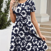 Elegant Retro A-line Dress, Short Sleeve Casual Dress For Spring & Summer, Women's Clothing HASHTAG