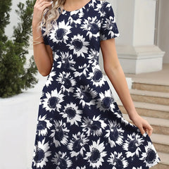 Elegant Retro A-line Dress, Short Sleeve Casual Dress For Spring & Summer, Women's Clothing HASHTAG