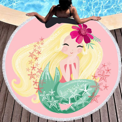Beach towel Cartoon pink mermaid microfiber round Liebe - Making Life Easier