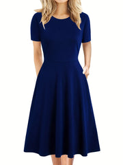Elegant Retro A-line Dress, Short Sleeve Casual Dress For Spring & Summer, Women's Clothing HASHTAG