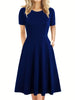Elegant Retro A-line Dress, Short Sleeve Casual Dress For Spring & Summer, Women's Clothing HASHTAG