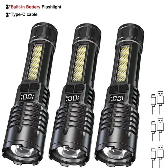High Power LED Flashlight Powerful TYPE-C Rechargeable COB Flashlight With Side Light Torch For Outdoor Camping Hiking - HASHTAG