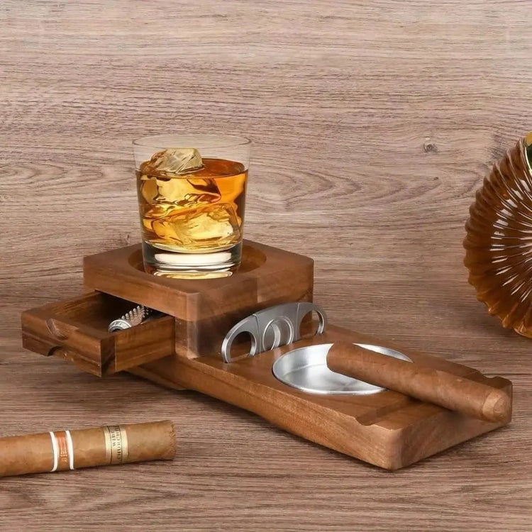 Wooden Cigar Ashtray with Tobacco Cigar Drawer & Whiskey Cup Holder Tray Heavy-Duty Desktop Decorative Smoking Accessories Gifts - HASHTAG
