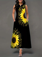 Sunflower Print Keyhole Dress, Casual Crew Neck Sleeveless Maxi Dress With Pocket, Women's Clothing For Elegant Dressing HASHTAG