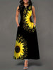 Sunflower Print Keyhole Dress, Casual Crew Neck Sleeveless Maxi Dress With Pocket, Women's Clothing For Elegant Dressing HASHTAG